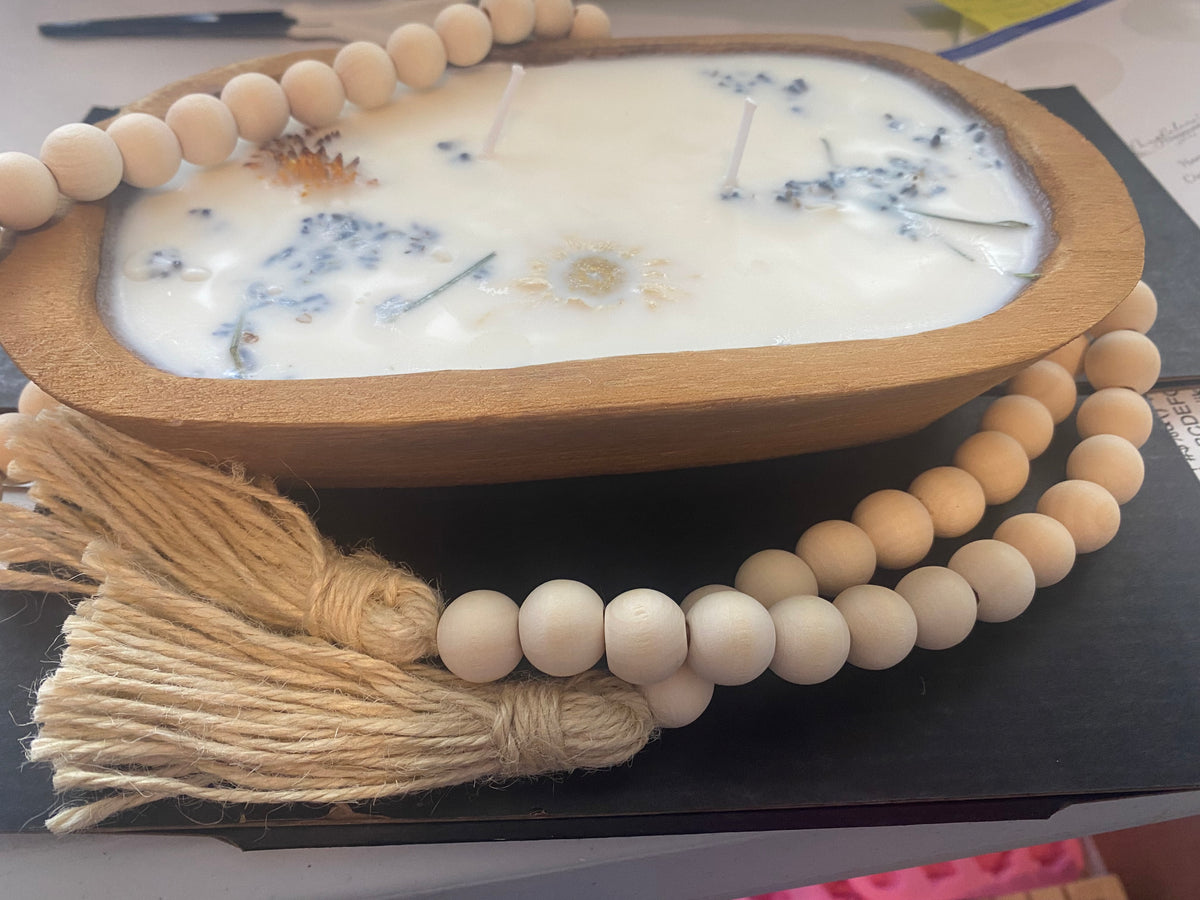 Farmhouse Wood Dough Bowl Soy Candle with dried flowers and beads
