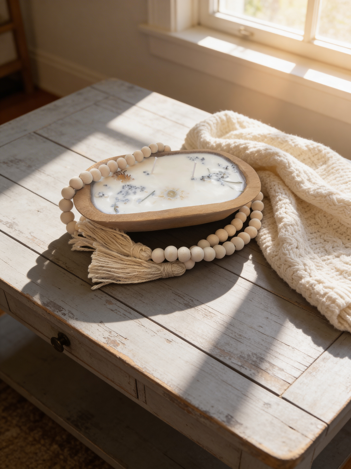 Farmhouse Wood Dough Bowl Soy Candle with dried flowers and beads