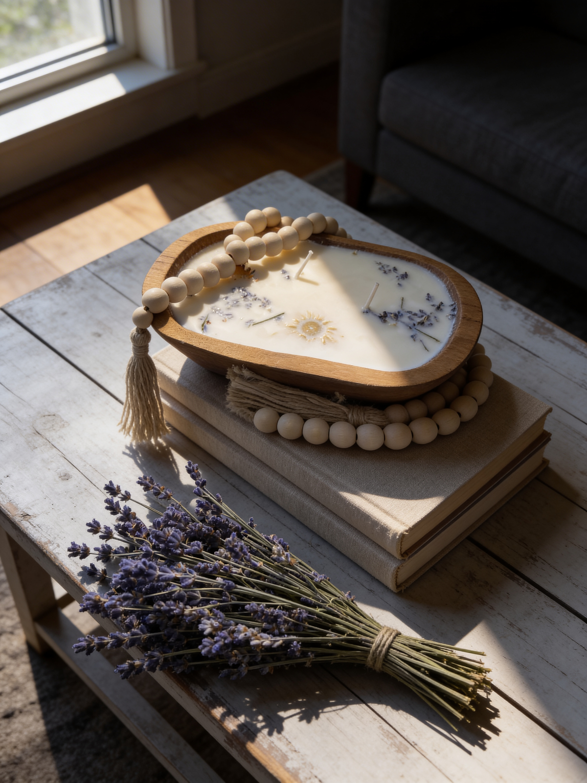 Farmhouse Wood Dough Bowl Soy Candle with dried flowers and beads