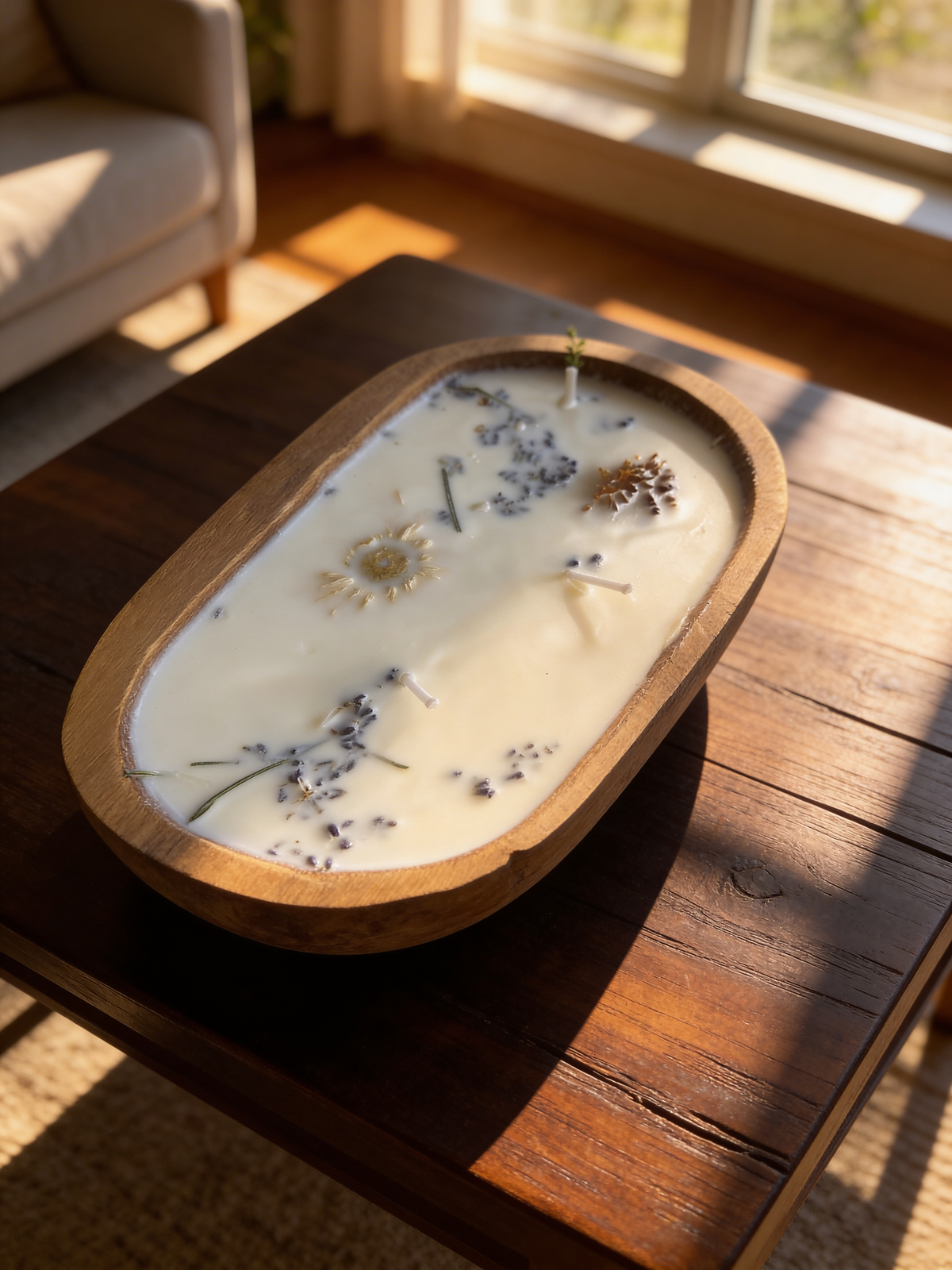 Farmhouse Wood Dough Bowl Soy Candle with dried flowers and beads