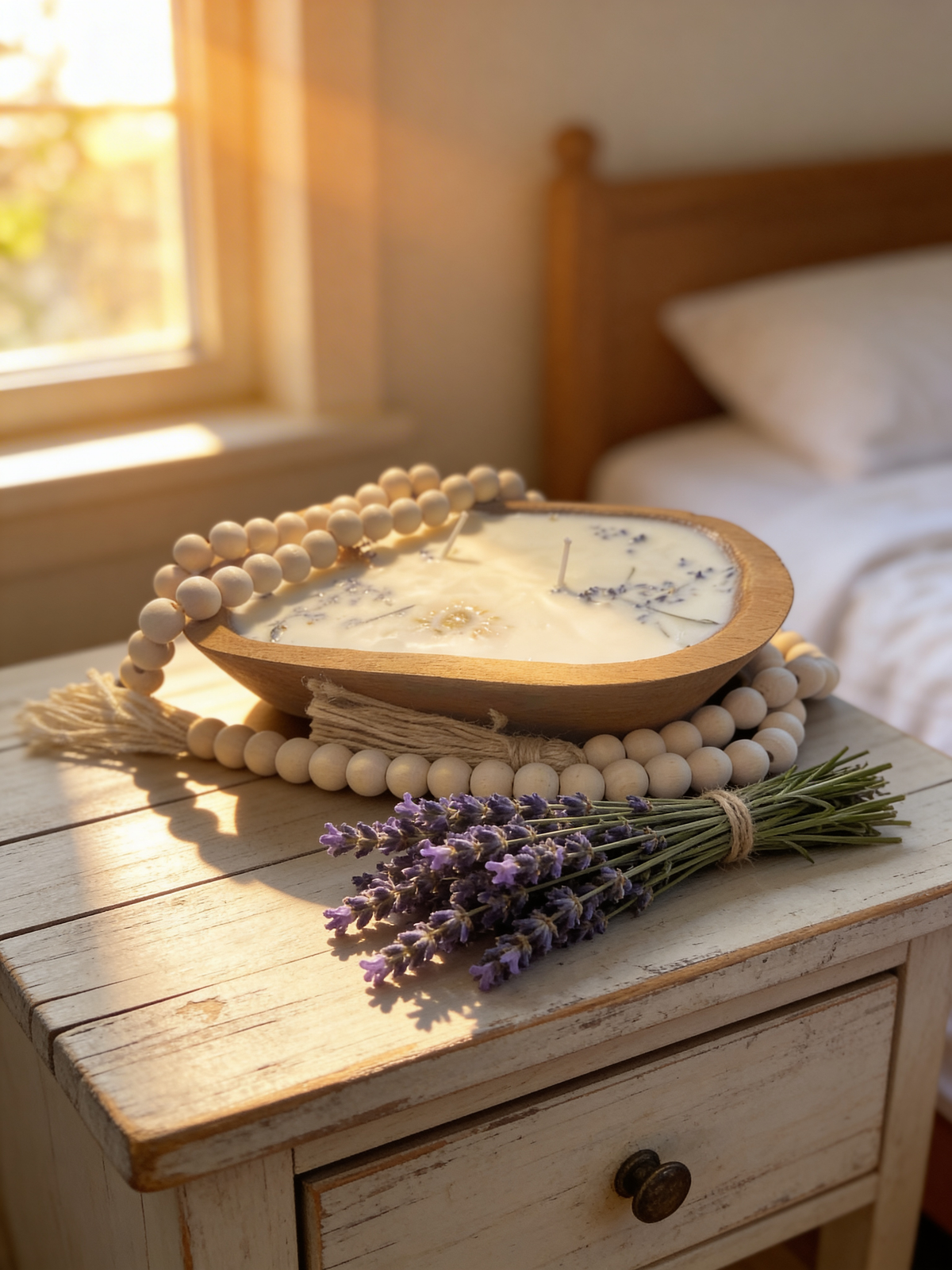 Farmhouse Wood Dough Bowl Soy Candle with dried flowers and beads