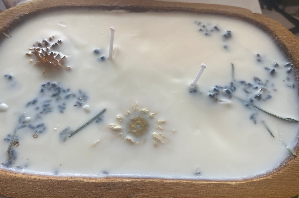 Farmhouse Wood Dough Bowl Soy Candle with dried flowers and beads
