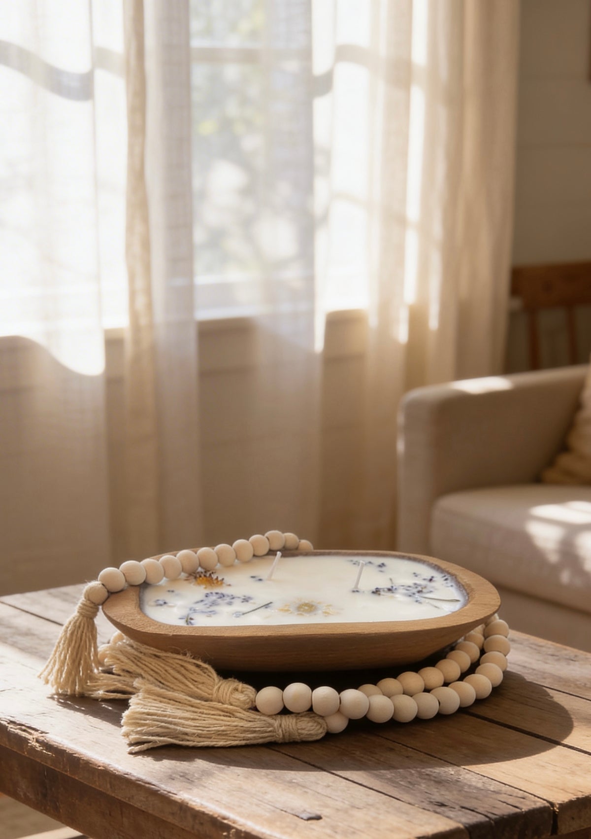 Farmhouse Wood Dough Bowl Soy Candle with dried flowers and beads
