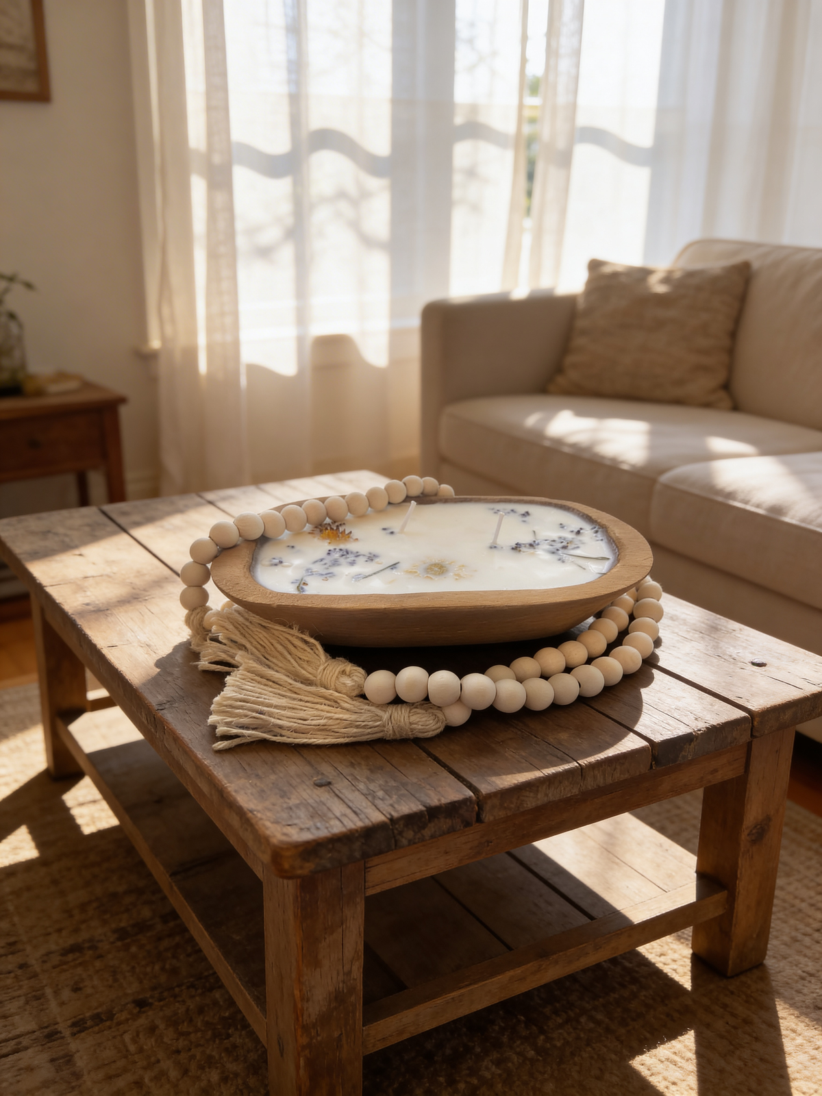 Farmhouse Wood Dough Bowl Soy Candle with dried flowers and beads