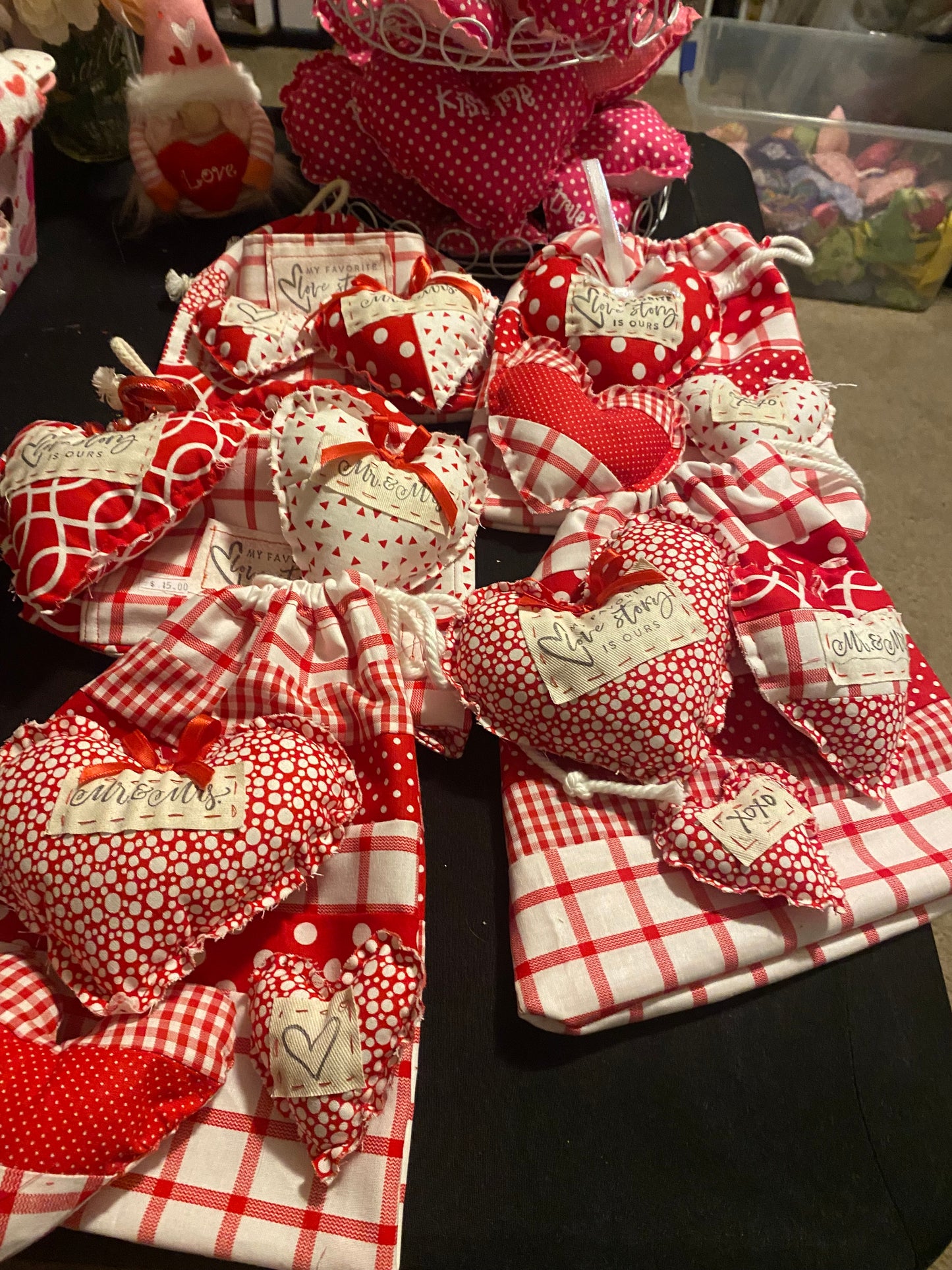 Handmade Fabric Bag with 3 matching fabric hearts.