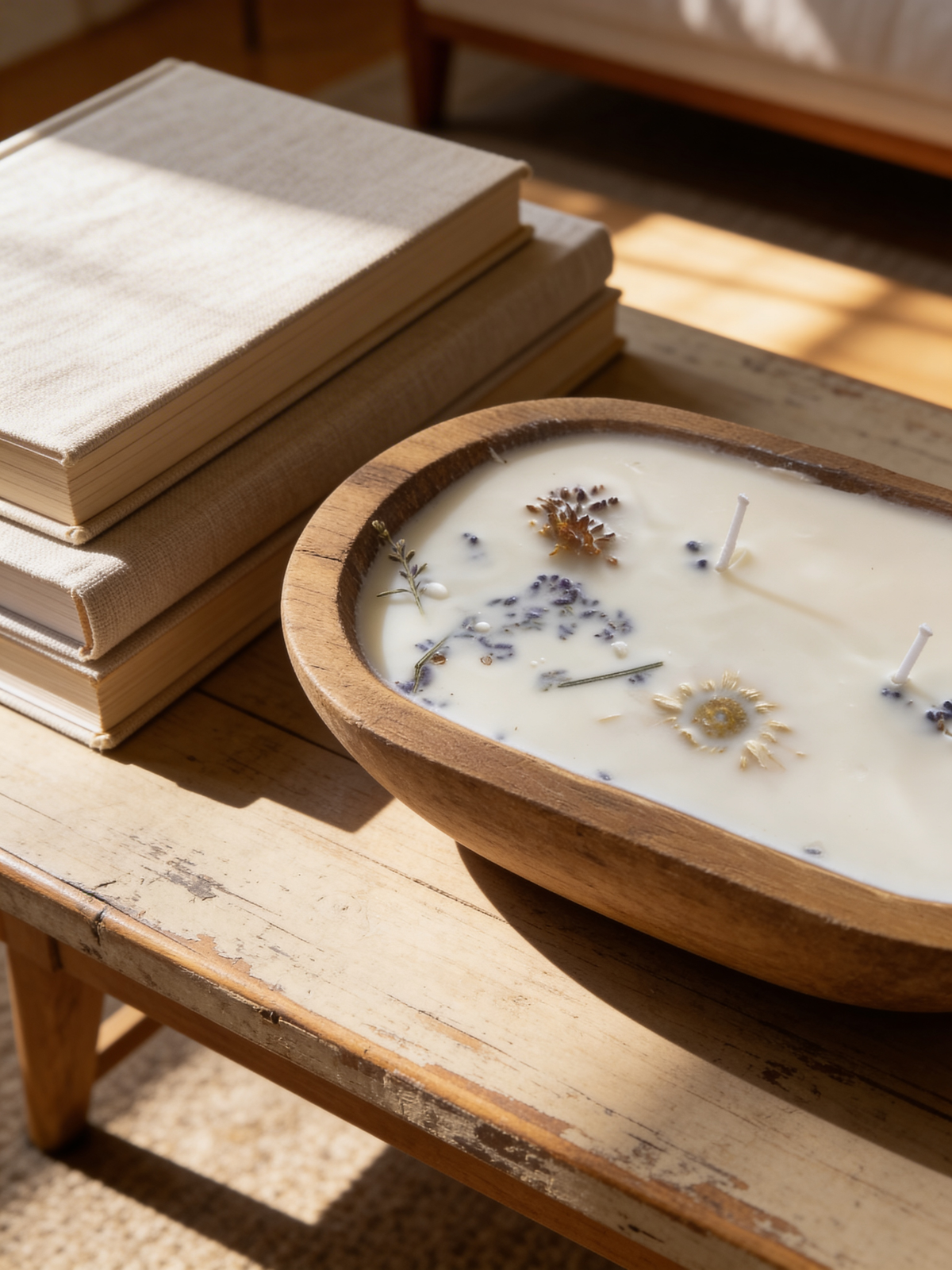 Farmhouse Wood Dough Bowl Soy Candle with dried flowers and beads