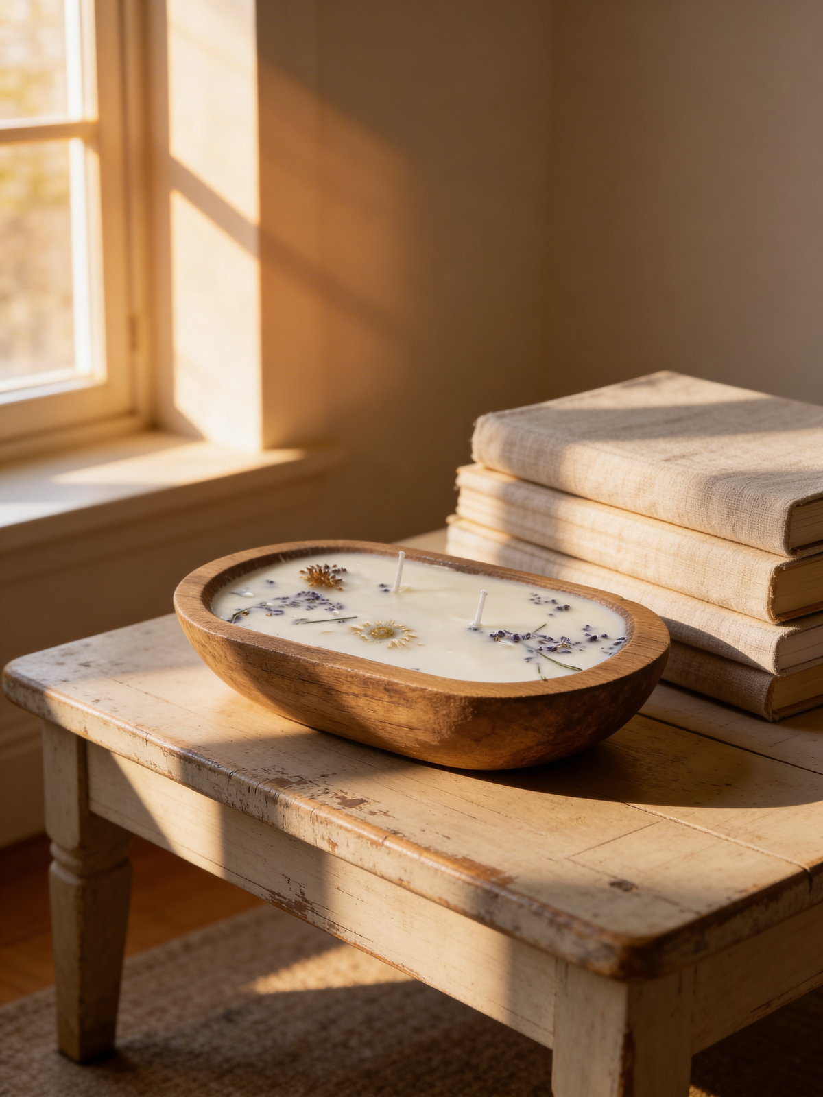 Farmhouse Wood Dough Bowl Soy Candle with dried flowers and beads