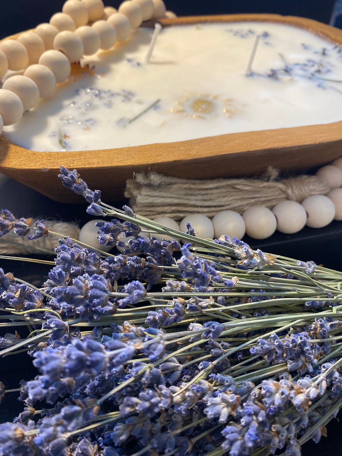 Farmhouse Wood Dough Bowl Soy Candle with dried flowers and beads