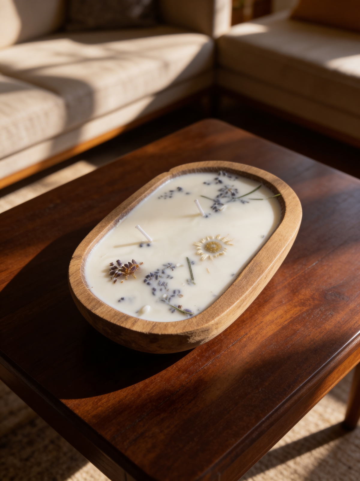 Farmhouse Wood Dough Bowl Soy Candle with dried flowers and beads